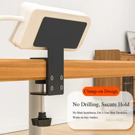 Desk power strip mount with USB, clamped to wooden desk