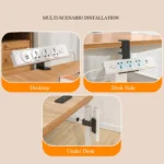Desk power strip mount with USB, clamped to wooden desk