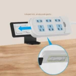 Desk power strip mount with USB, clamped to wooden desk
