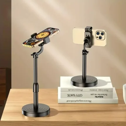 Adjustable desktop phone stand with weighted base for stable filming