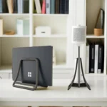 Minimalist dark gray tablet and phone desktop stand