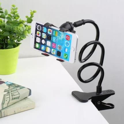 Flexible gooseneck phone holder for bed and desk mounting.