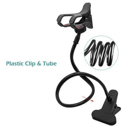 Flexible gooseneck phone holder for bed and desk mounting.