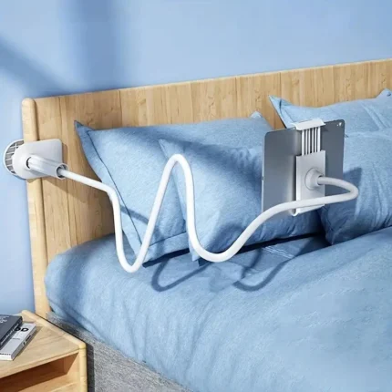 Flexible gooseneck tablet holder for bed and desk mounting