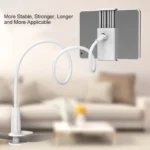 Flexible gooseneck tablet holder for bed and desk mounting