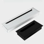 Recessed aluminum desk cable management box with power grommet