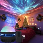 Dynamic galaxy star projector casting nebula and aurora light on ceiling.