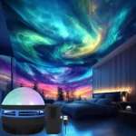 Dynamic galaxy star projector casting nebula and aurora light on ceiling.