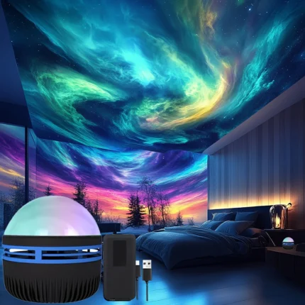 Dynamic galaxy star projector casting nebula and aurora light on ceiling.