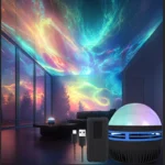Dynamic galaxy star projector casting nebula and aurora light on ceiling.