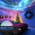 Dynamic galaxy star projector casting nebula and aurora light on ceiling.