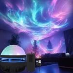 Dynamic galaxy star projector casting nebula and aurora light on ceiling.