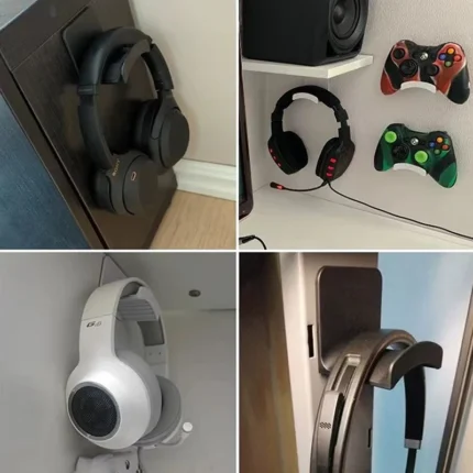 Black adhesive headphone hook holding over-ear headphones under desk