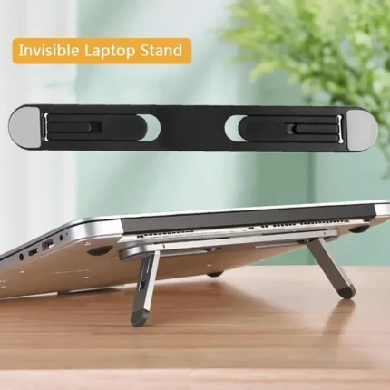 Invisible adhesive laptop stand elevating a silver laptop