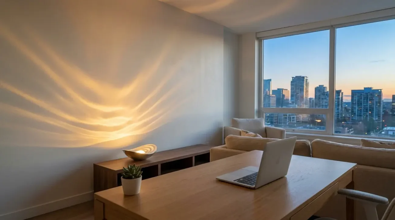 Minimalist room with warm ambient lighting and desk.