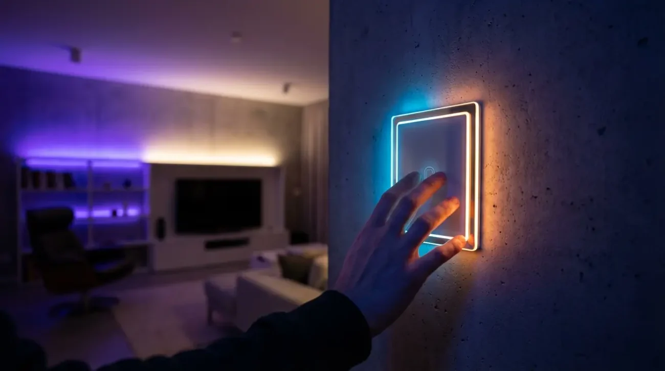 Person adjusting smart home lighting for mood enhancement.