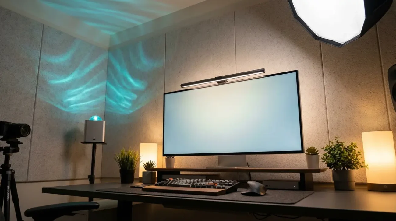 Organized desk setup with layered ambient lighting zones.