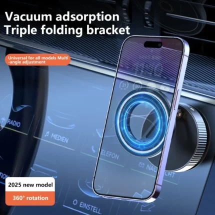 Magnetic vacuum car phone mount with folding arm
