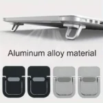 Mini foldable aluminum alloy laptop stand for cooling and ergonomics.