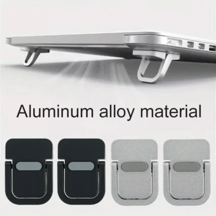 Mini foldable aluminum alloy laptop stand for cooling and ergonomics.