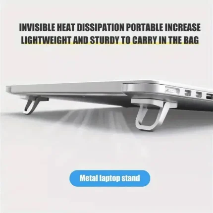 Mini foldable aluminum alloy laptop stand for cooling and ergonomics.