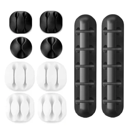 Multi-slot silicone cable organizer clips for desk management.