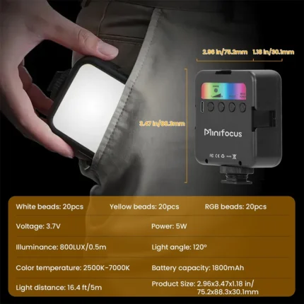 RGB LED video light with cold shoe mount for camera