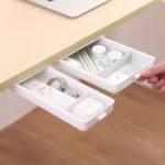 White self-adhesive under desk drawer organizer with compartments