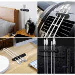 Black silicone cable organizer with adhesive backing holding multiple cords