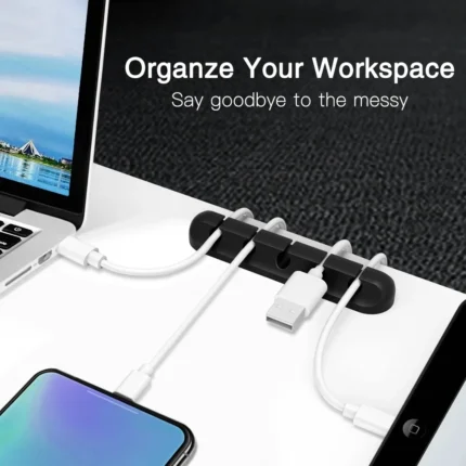 Silicone desktop cable organizer holding multiple USB charging cords