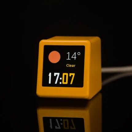Smart WiFi desktop weather station and digital clock in yellow.