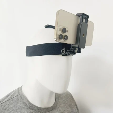 Smartphone POV head mount strap for hands-free vlogging.