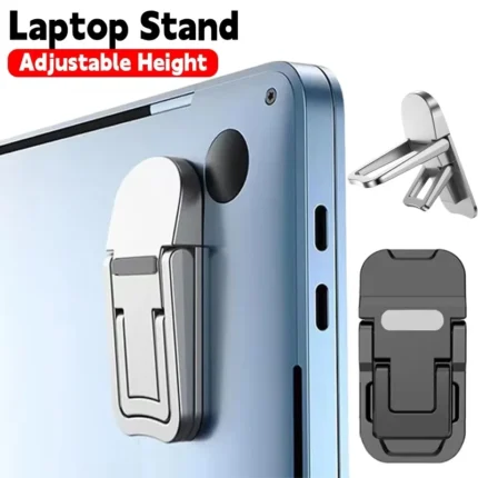 Ultra-thin foldable adhesive laptop stand elevating a silver laptop