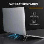 Ultra-thin foldable adhesive laptop stand elevating a silver laptop