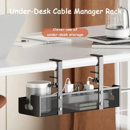 Under-desk cable management tray with clamp-on mesh design