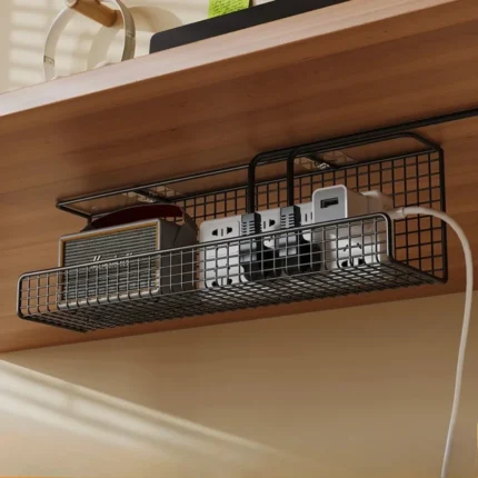 Black wire mesh under desk cable management tray