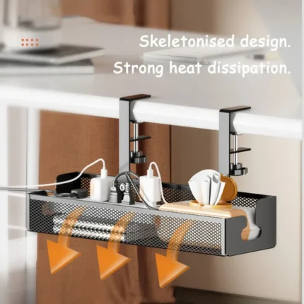 Under-desk cable management tray with clamp-on mesh design