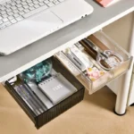 Under desk slide-out drawer organizer with clear office supplies
