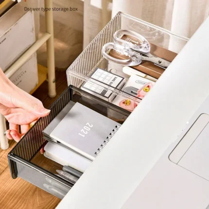 Under desk slide-out drawer organizer with clear office supplies