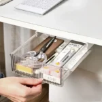 Under desk slide-out drawer organizer with clear office supplies