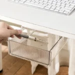 Under desk slide-out drawer organizer with clear office supplies