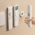 Magnetic adhesive wall mount holding a remote control and cable