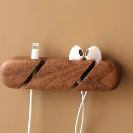 Natural wood cable organizer for desk and wall mounting