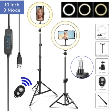 10-inch LED ring light kit with phone holder and tripod