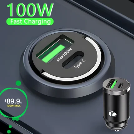 100W dual port fast car charger with USB-C and USB-A.