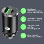 100W dual port fast car charger with USB-C and USB-A.