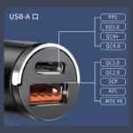 100W dual port fast car charger with USB-C and USB-A.