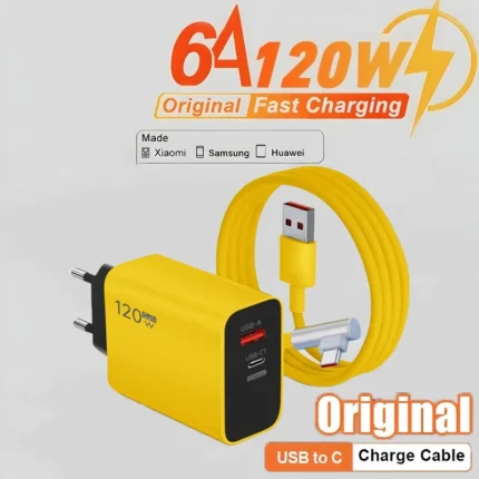 Yellow 120W GaN triple-port USB-C USB-A fast charger