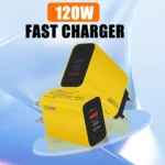 Yellow 120W GaN triple-port USB-C USB-A fast charger