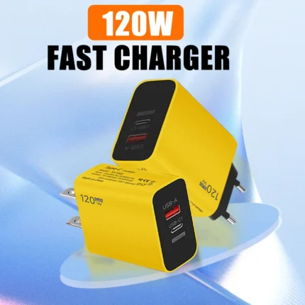 Yellow 120W GaN triple-port USB-C USB-A fast charger
